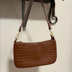 Brown Crocodile-Embossed Shoulder Bag